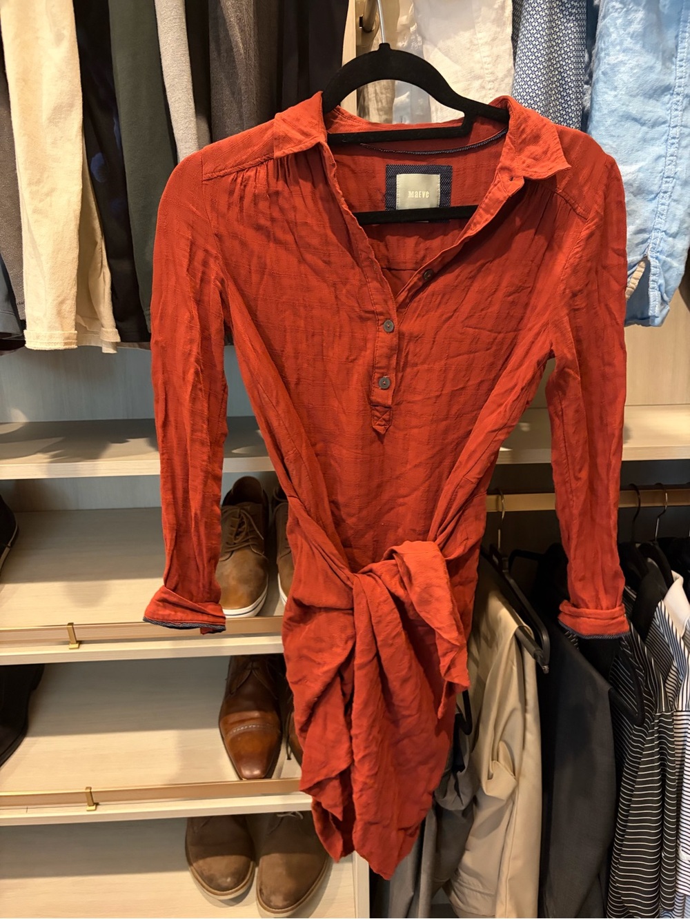 Anthropologie Rust Red Button-Front Tie-Waist Shirt Dress